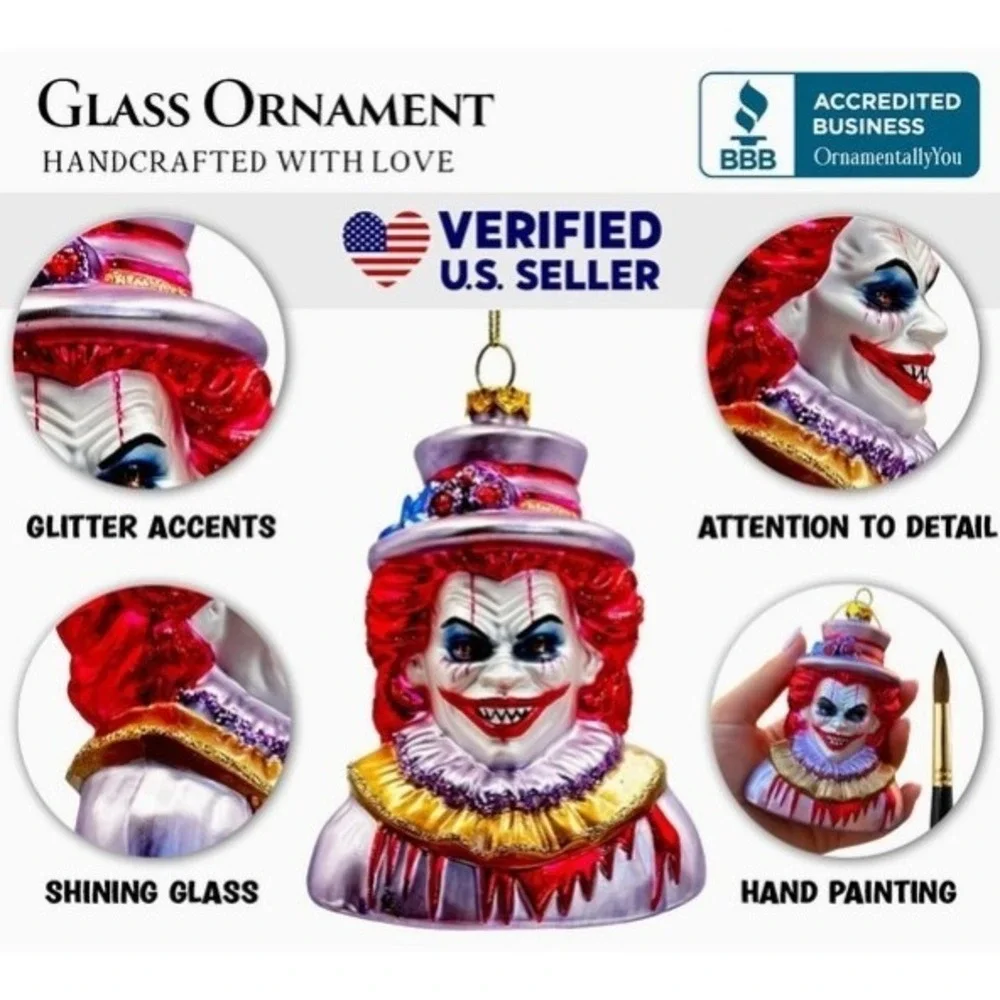 Vintage Style Halloween Horror Clown Head‎ Blown Glass Christmas Ornament